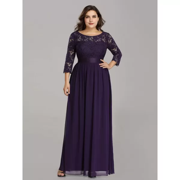 EverPretty Womens Plus Size ALine 34 Lace Sleeves Chiffon Long Formal Evening Party Maxi Dress 7412PZDark Purple