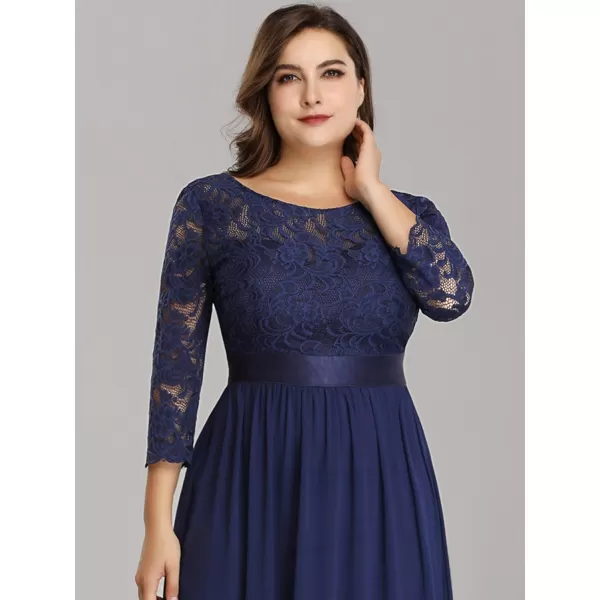 EverPretty Womens Plus Size ALine 34 Lace Sleeves Chiffon Long Formal Evening Party Maxi Dress 7412PZNavy Blue