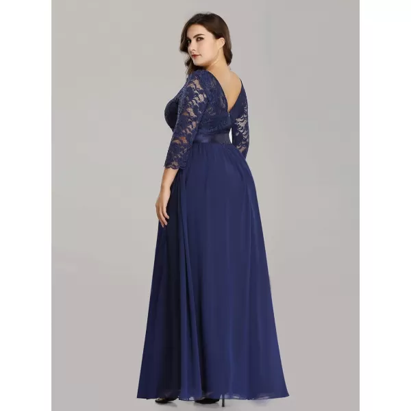 EverPretty Womens Plus Size ALine 34 Lace Sleeves Chiffon Long Formal Evening Party Maxi Dress 7412PZNavy Blue