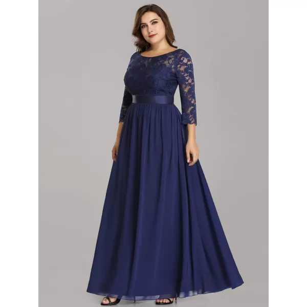 EverPretty Womens Plus Size ALine 34 Lace Sleeves Chiffon Long Formal Evening Party Maxi Dress 7412PZNavy Blue