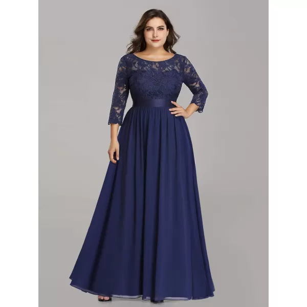 EverPretty Womens Plus Size ALine 34 Lace Sleeves Chiffon Long Formal Evening Party Maxi Dress 7412PZNavy Blue