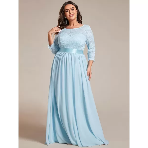 EverPretty Womens Plus Size ALine 34 Lace Sleeves Chiffon Long Formal Evening Party Maxi Dress 7412PZSky Blue