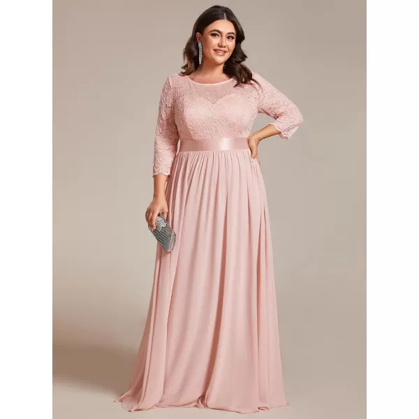 EverPretty Womens Plus Size ALine 34 Lace Sleeves Chiffon Long Maxi Formal Dresses 7412PZPink