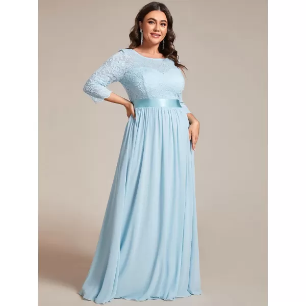 EverPretty Womens Plus Size ALine 34 Lace Sleeves Chiffon Long Maxi Formal Dresses 7412PZSky Blue