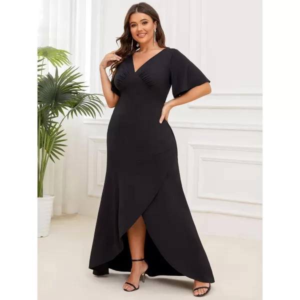 EverPretty Womens Plus Size Double VNeck Ruffle Sleeve Front Slit Maxi Formal Evening Dresses 01525PZBlack