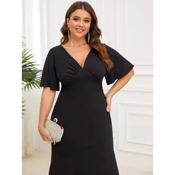 EverPretty Womens Plus Size Double VNeck Ruffle Sleeve Front Slit Maxi Formal Evening Dresses 01525PZBlack