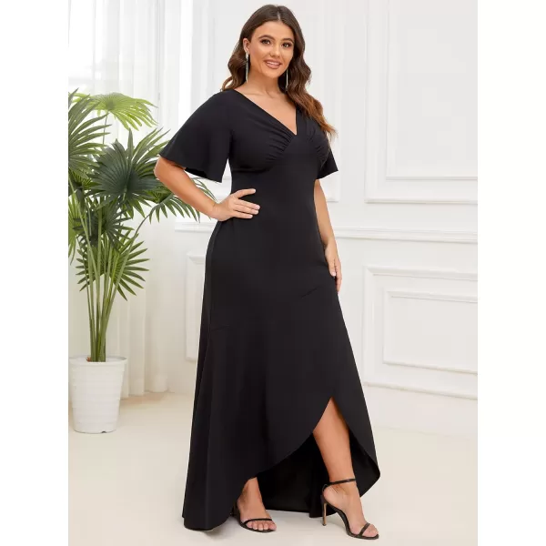 EverPretty Womens Plus Size Double VNeck Ruffle Sleeve Front Slit Maxi Formal Evening Dresses 01525PZBlack