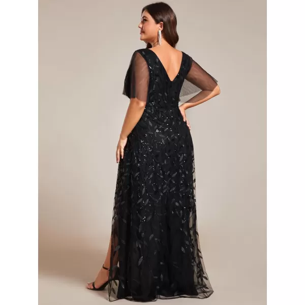 EverPretty Womens Plus Size Gorgeous A Line Sequin Embroidered Evening Dress with Sleeves 02083DABlack