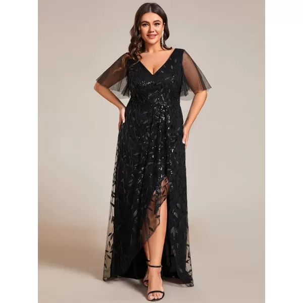 EverPretty Womens Plus Size Gorgeous A Line Sequin Embroidered Evening Dress with Sleeves 02083DABlack