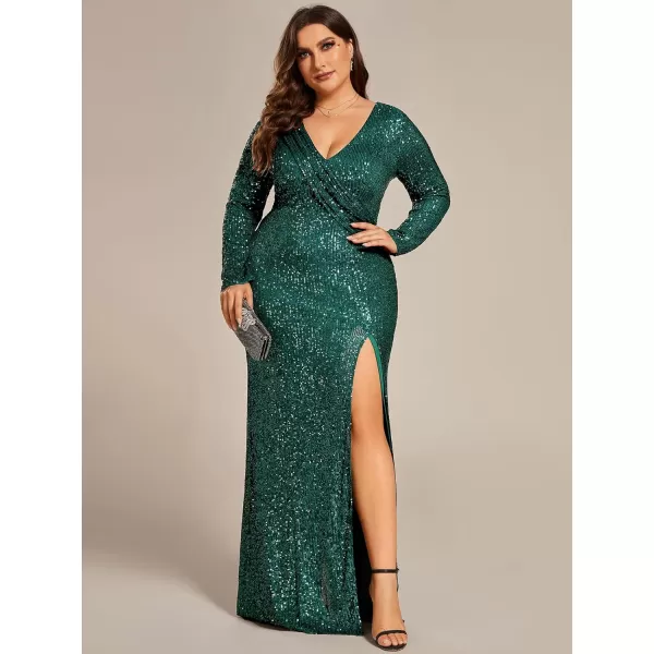 EverPretty Womens Plus Size Gorgerous Long Sequin Split Fall Winter Long Sleeves Evening Dress 50168DADeep Green