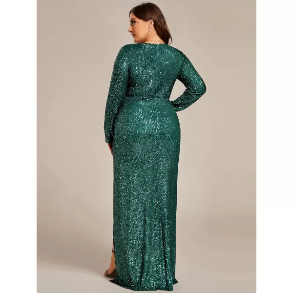 EverPretty Womens Plus Size Gorgerous Long Sequin Split Fall Winter Long Sleeves Evening Dress 50168DADeep Green