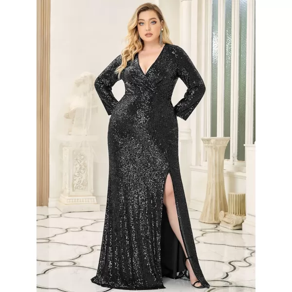 EverPretty Womens Plus Size Long Sleeve Slit Sequin Maxi Evening Dresses 0824PZUSABlack