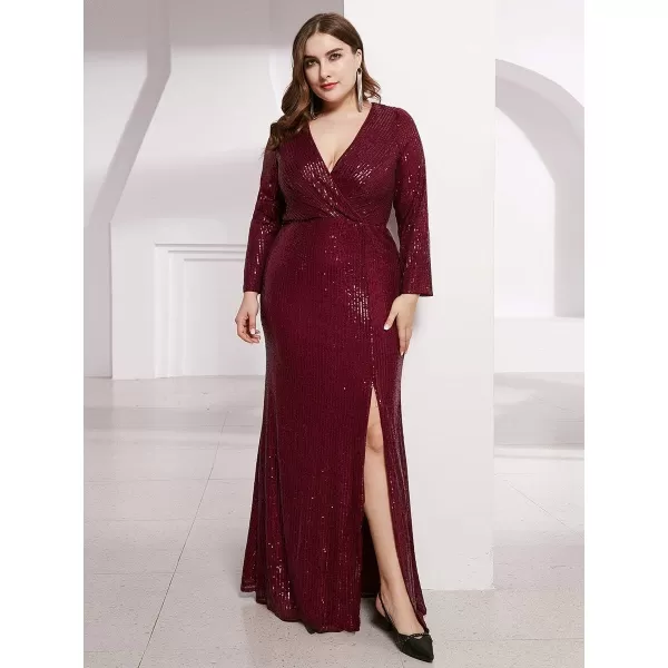 EverPretty Womens Plus Size Long Sleeve Slit Sequin Maxi Evening Dresses 0824PZUSABurgundy