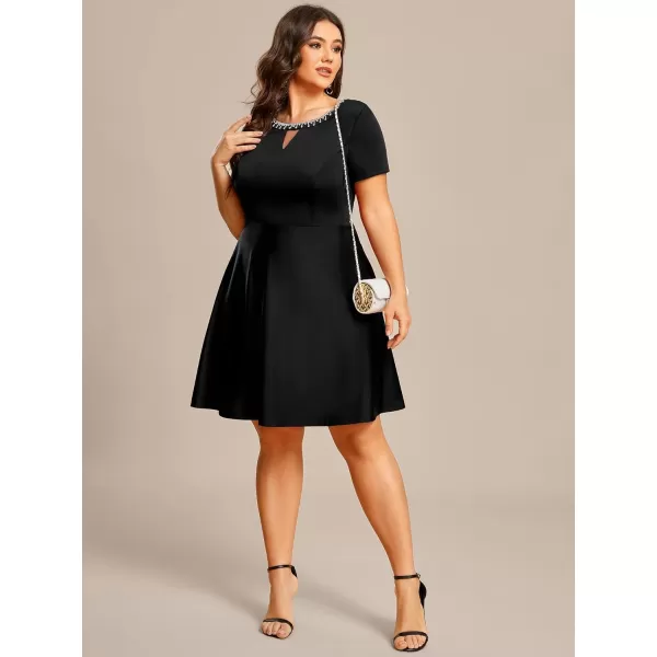 EverPretty Womens Plus Size Rrhinestone Neckline Short Sleeves ALine Mini Causal Dresses 01792PZBlack