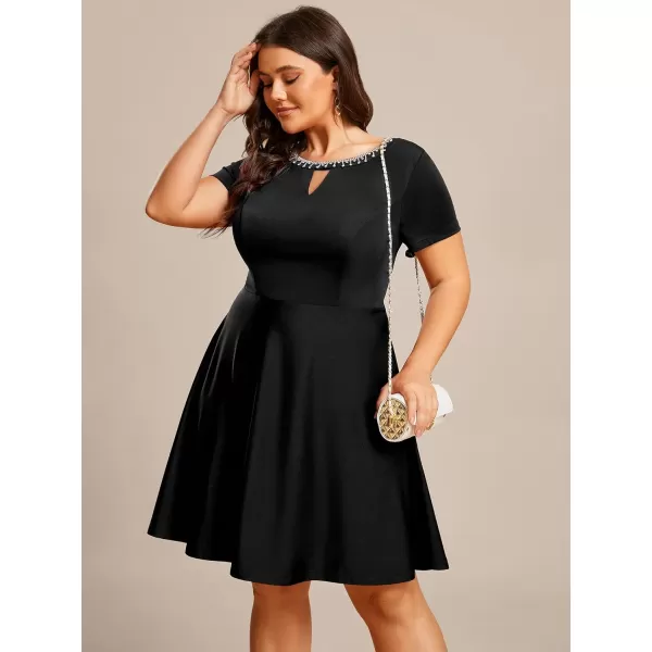 EverPretty Womens Plus Size Rrhinestone Neckline Short Sleeves ALine Mini Causal Dresses 01792PZBlack