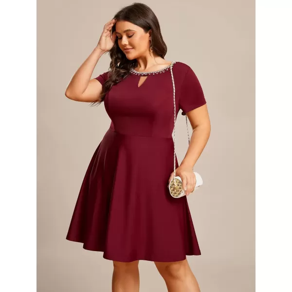 EverPretty Womens Plus Size Rrhinestone Neckline Short Sleeves ALine Mini Causal Dresses 01792PZBurgundy