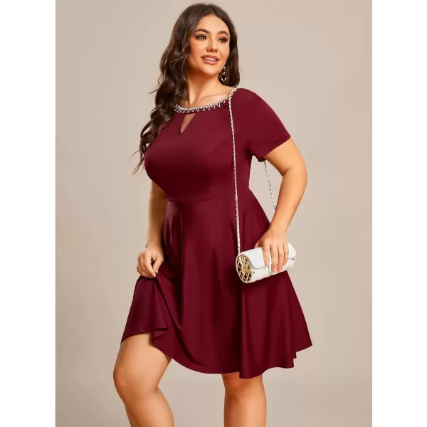 EverPretty Womens Plus Size Rrhinestone Neckline Short Sleeves ALine Mini Causal Dresses 01792PZBurgundy