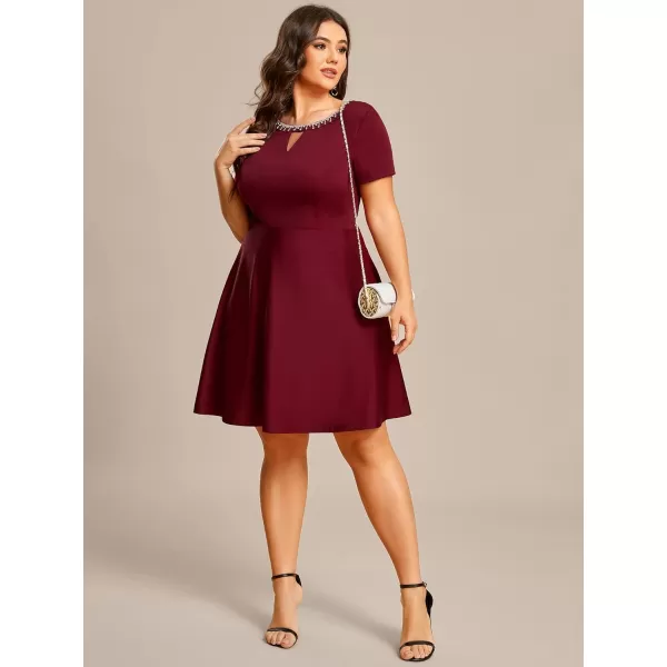 EverPretty Womens Plus Size Rrhinestone Neckline Short Sleeves ALine Mini Causal Dresses 01792PZBurgundy