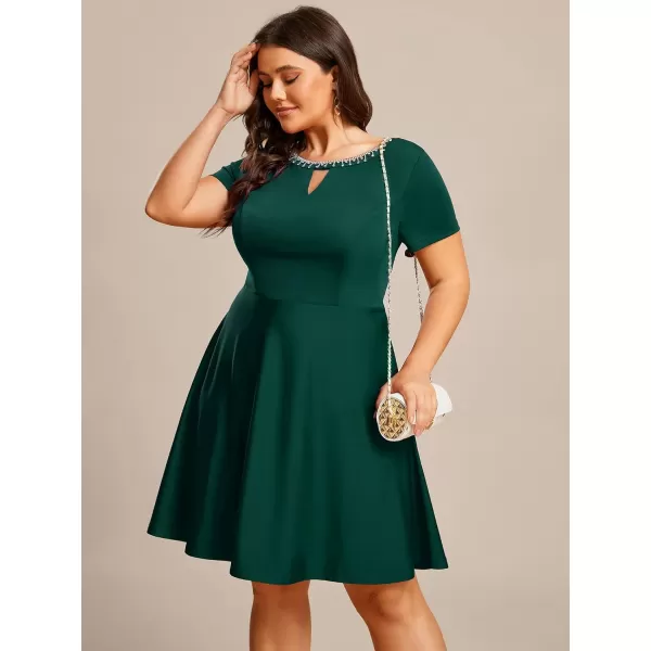 EverPretty Womens Plus Size Rrhinestone Neckline Short Sleeves ALine Mini Causal Dresses 01792PZDark Green