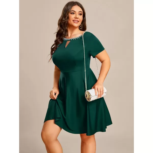 EverPretty Womens Plus Size Rrhinestone Neckline Short Sleeves ALine Mini Causal Dresses 01792PZDark Green