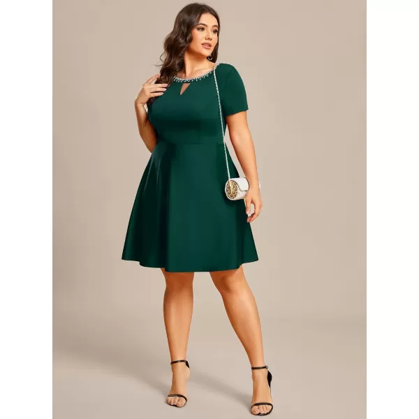 EverPretty Womens Plus Size Rrhinestone Neckline Short Sleeves ALine Mini Causal Dresses 01792PZDark Green