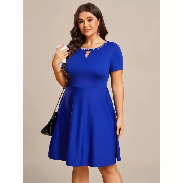 EverPretty Womens Plus Size Rrhinestone Neckline Short Sleeves ALine Mini Causal Dresses 01792PZSapphire Blue