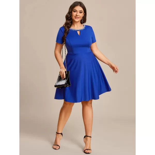 EverPretty Womens Plus Size Rrhinestone Neckline Short Sleeves ALine Mini Causal Dresses 01792PZSapphire Blue