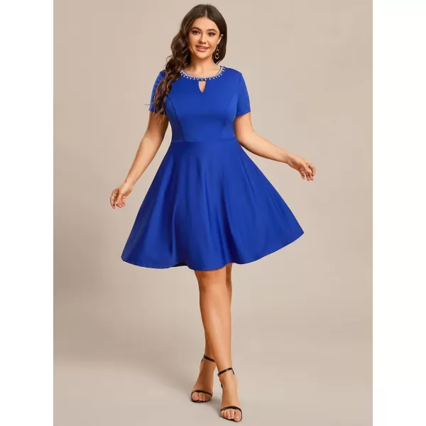 EverPretty Womens Plus Size Rrhinestone Neckline Short Sleeves ALine Mini Causal Dresses 01792PZSapphire Blue