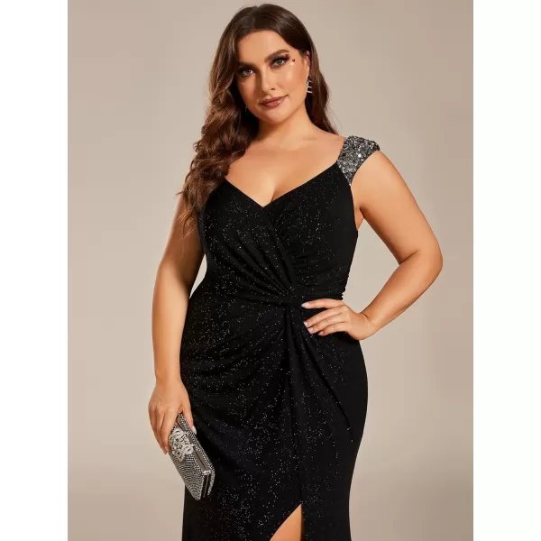 EverPretty Womens Plus Size Sequin Decoration VNeck High Slit Glitter Mermaid Evening Dresses 01888DABlack