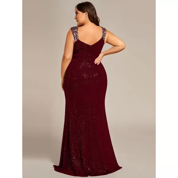 EverPretty Womens Plus Size Sequin Decoration VNeck High Slit Glitter Mermaid Evening Dresses 01888DABurgundy