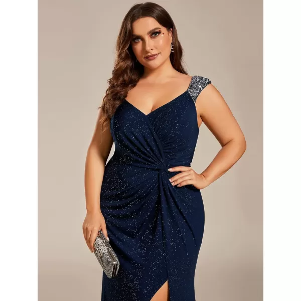 EverPretty Womens Plus Size Sequin Decoration VNeck High Slit Glitter Mermaid Evening Dresses 01888DANavy Blue