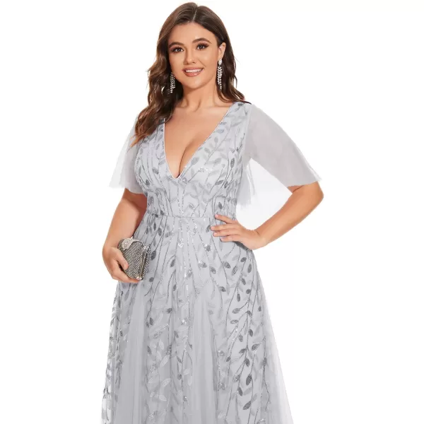 EverPretty Womens Plus Size Sequin Emboridery Formal Evening Dresses with Sleeves 00736DASilver