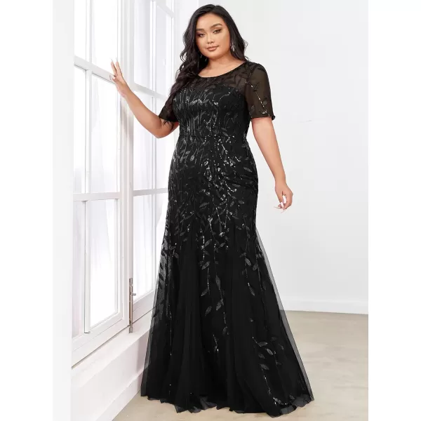 EverPretty Womens Plus Size Sequin Short Sleeves Embroidery Mermaid Maxi Evening Dress 07707PZUSABlack