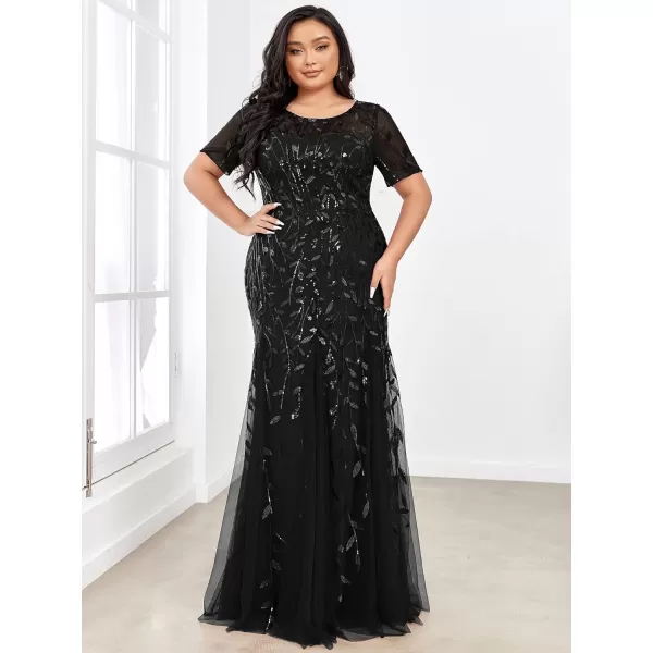 EverPretty Womens Plus Size Sequin Short Sleeves Embroidery Mermaid Maxi Evening Dress 07707PZUSABlack