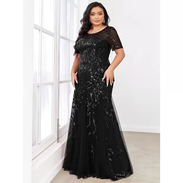 EverPretty Womens Plus Size Sequin Short Sleeves Embroidery Mermaid Maxi Evening Dress 07707PZUSABlack