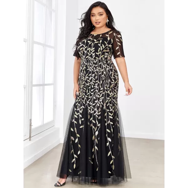 EverPretty Womens Plus Size Sequin Short Sleeves Embroidery Mermaid Maxi Evening Dress 07707PZUSABlack2