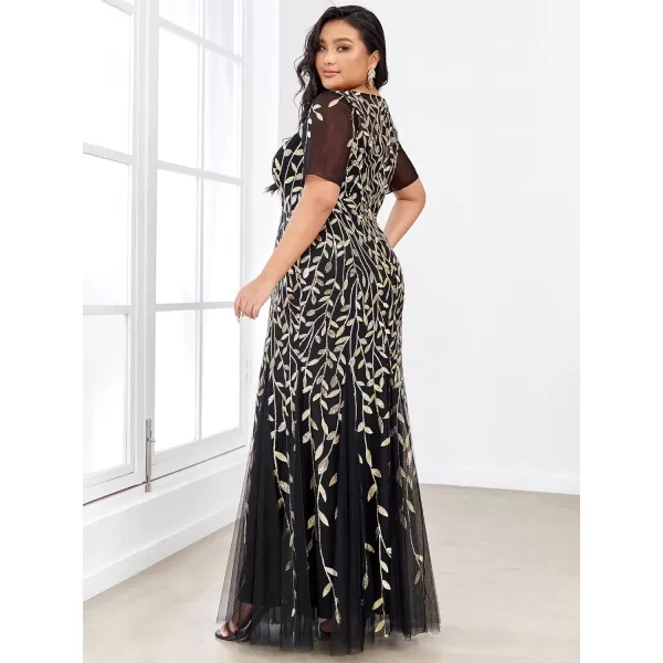 EverPretty Womens Plus Size Sequin Short Sleeves Embroidery Mermaid Maxi Evening Dress 07707PZUSABlack2