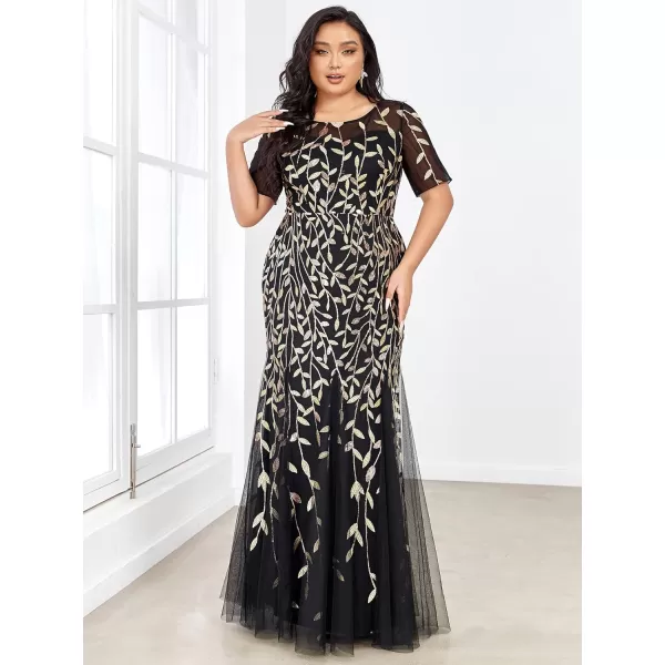 EverPretty Womens Plus Size Sequin Short Sleeves Embroidery Mermaid Maxi Evening Dress 07707PZUSABlack2