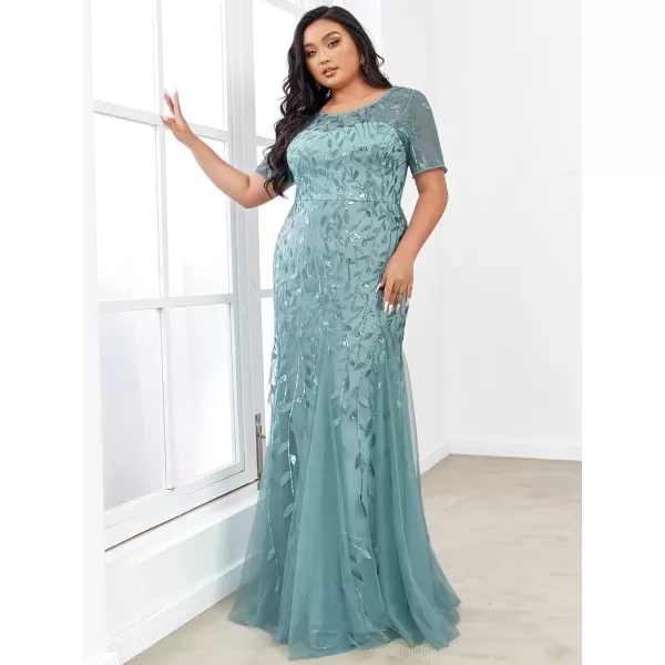 EverPretty Womens Plus Size Sequin Short Sleeves Embroidery Mermaid Maxi Evening Dress 07707PZUSABlue