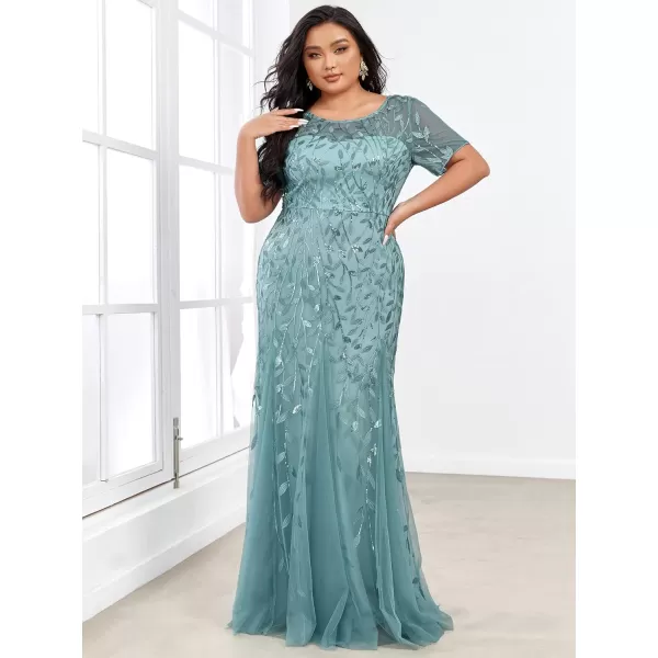 EverPretty Womens Plus Size Sequin Short Sleeves Embroidery Mermaid Maxi Evening Dress 07707PZUSABlue