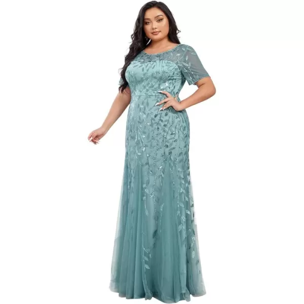 EverPretty Womens Plus Size Sequin Short Sleeves Embroidery Mermaid Maxi Evening Dress 07707PZUSABlue