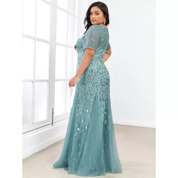 EverPretty Womens Plus Size Sequin Short Sleeves Embroidery Mermaid Maxi Evening Dress 07707PZUSABlue