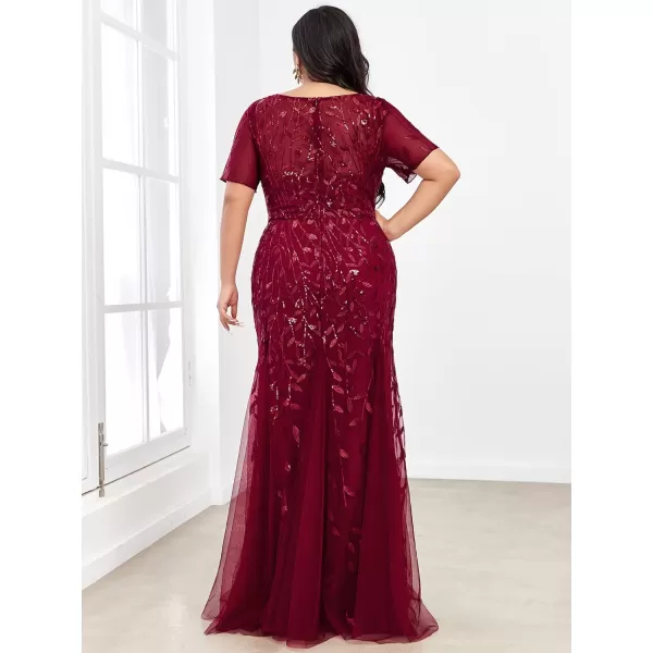 EverPretty Womens Plus Size Sequin Short Sleeves Embroidery Mermaid Maxi Evening Dress 07707PZUSABurgundy