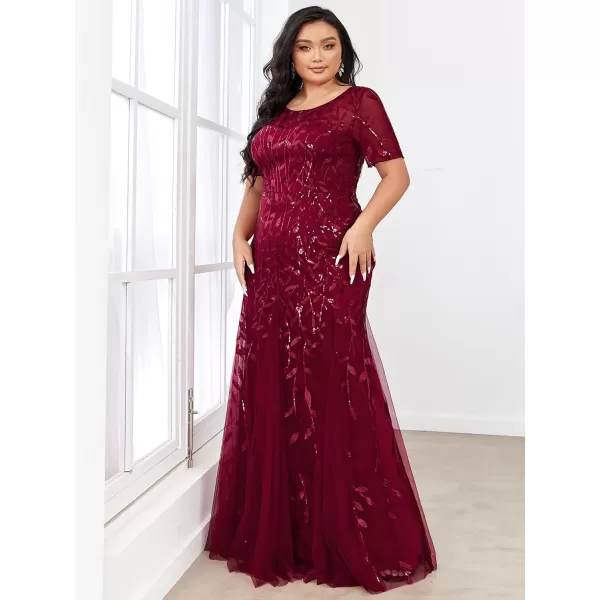 EverPretty Womens Plus Size Sequin Short Sleeves Embroidery Mermaid Maxi Evening Dress 07707PZUSABurgundy