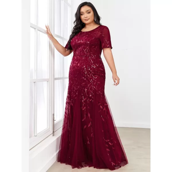 EverPretty Womens Plus Size Sequin Short Sleeves Embroidery Mermaid Maxi Evening Dress 07707PZUSABurgundy