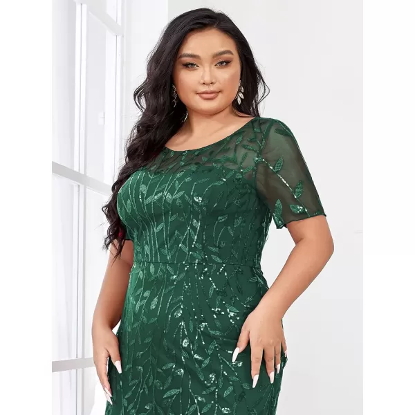 EverPretty Womens Plus Size Sequin Short Sleeves Embroidery Mermaid Maxi Evening Dress 07707PZUSADark Green