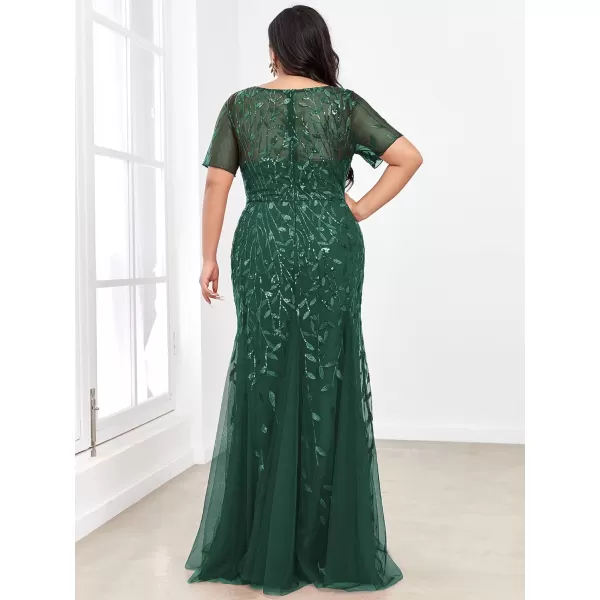 EverPretty Womens Plus Size Sequin Short Sleeves Embroidery Mermaid Maxi Evening Dress 07707PZUSADark Green