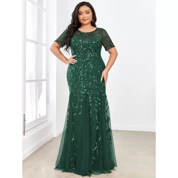 EverPretty Womens Plus Size Sequin Short Sleeves Embroidery Mermaid Maxi Evening Dress 07707PZUSADark Green