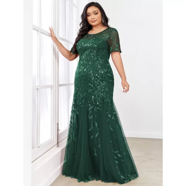 EverPretty Womens Plus Size Sequin Short Sleeves Embroidery Mermaid Maxi Evening Dress 07707PZUSADark Green