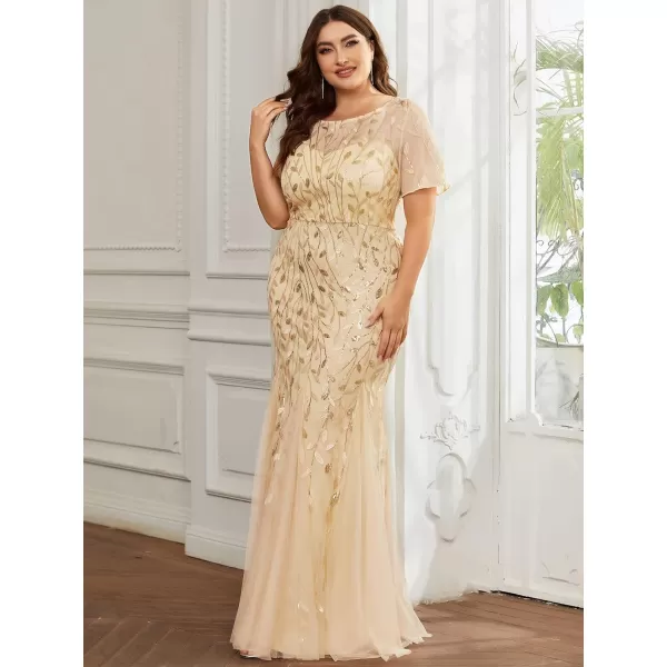 EverPretty Womens Plus Size Sequin Short Sleeves Embroidery Mermaid Maxi Evening Dress 07707PZUSAGold